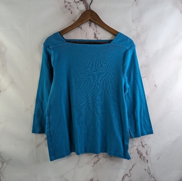 Chicos T Shirt Women Large 2 Blue Ultimate Tee Short Sleeve Square Neck Buttons - Picture 1 of 10
